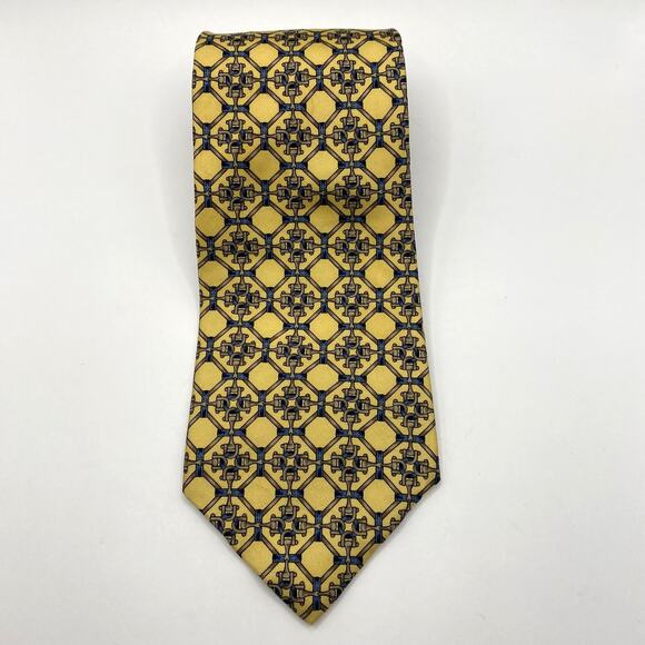 Claybrooke Men's Pure Silk Tie Necktie Yellow Horseshoe Geometric Barn Wedding - Picture 2 of 7